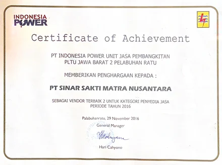 Certificate of Achievement dari Indonesia Power PLTU Jawa Barat 2 Pelabuhan Ratu — Vendor Terbaik 2 kategori Penyedia Jasa periode 2016
