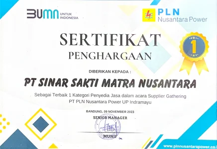 Sertifikat Penghargaan PLN Nusantara Power UP Indramayu — Terbaik 1 Kategori Penyedia Jasa, Supplier Gathering 2023